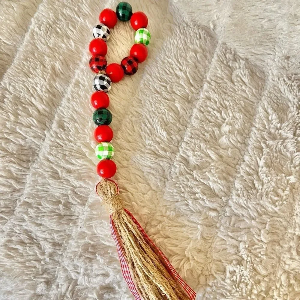 NEW Wood Bead Garland with Plaid Tassels